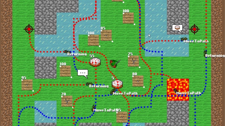 Debug visualization for path finding with bezier curves.