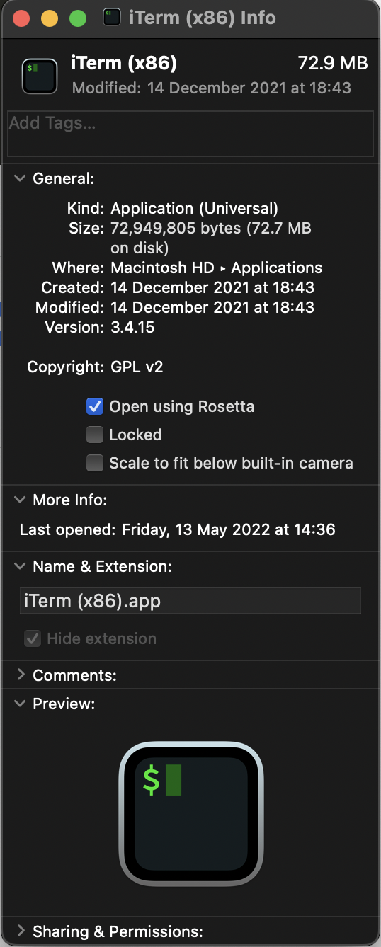 After you've duplicated your iTerm installation and renamed it appropriately, you will then have to modify the properties so that it launches with Rosetta.