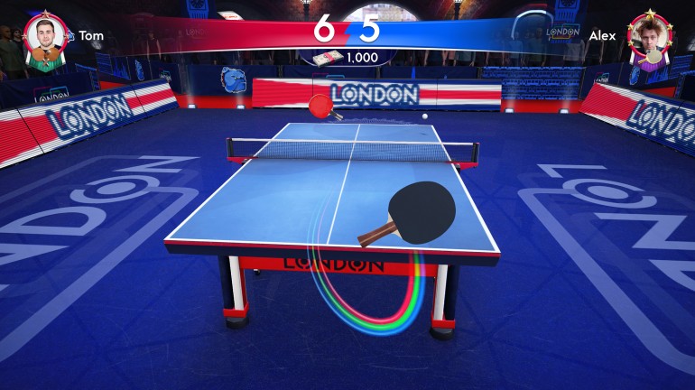 An in-game screenshot of one of the virtual table tennis arenas based in London, England.