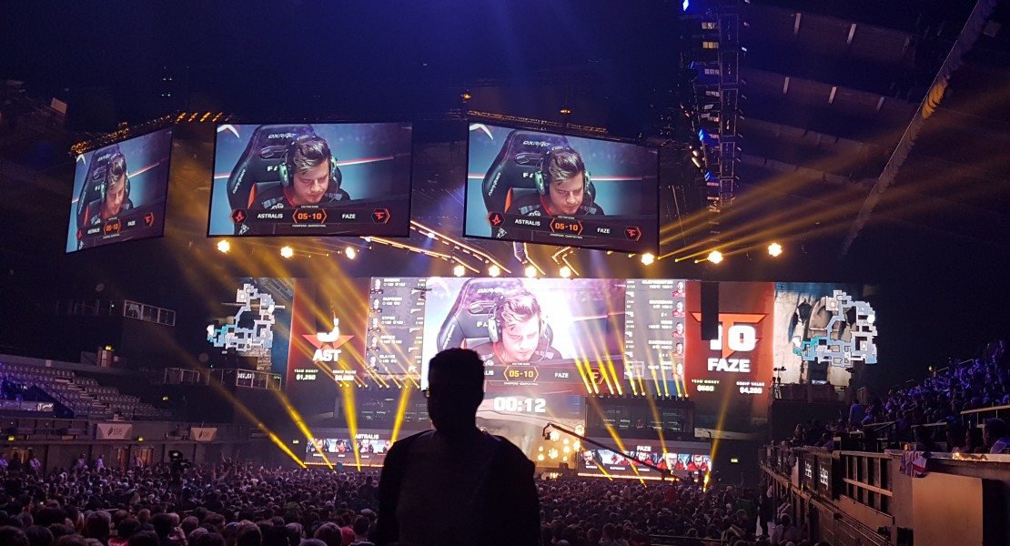 Mid-game picture of Astralis versus FaZe, taken from the far back right hand corner of the stadium. This picture was taken during the half-time break where both teams switched sides in-game.