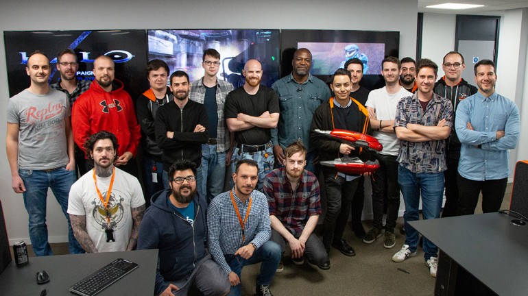 A slightly out-of-date photo of the team from Splash Damage responsible for working on Halo: Master Chief Collection. Some people featured in this photo include Tom Gantzer, Mark Tregonning, Luc Shelton (me), David Chang, Pascal Gane and others.